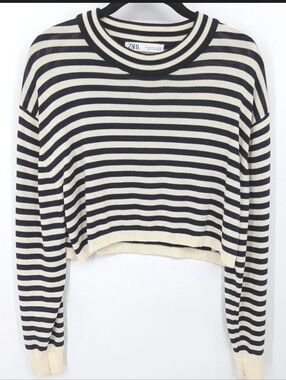 Zara Striped Long-Sleeve Cropped Top - Navy & Cream, Size M
